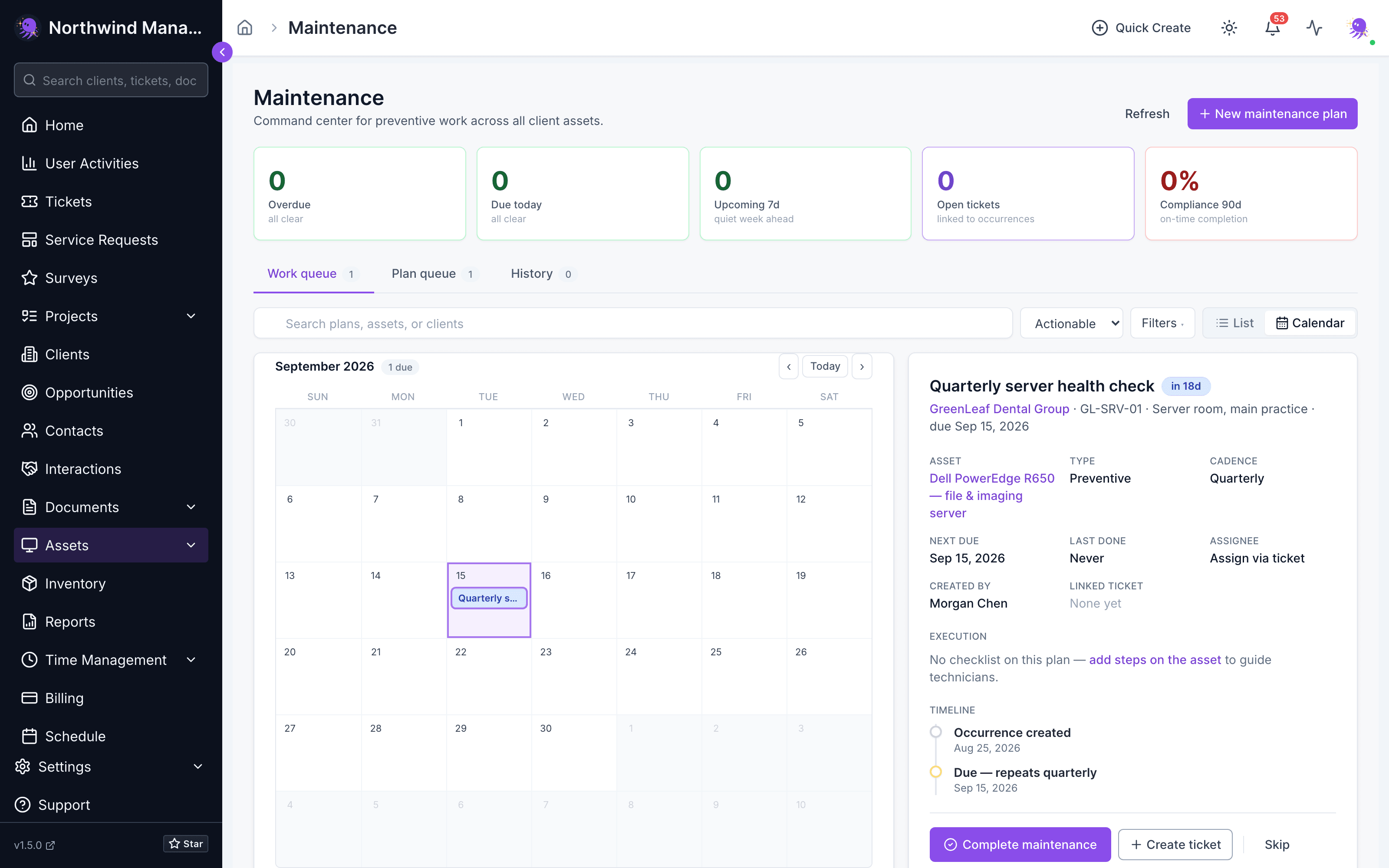 The Maintenance workspace in Calendar view, showing September 2026 with a single due occurrence