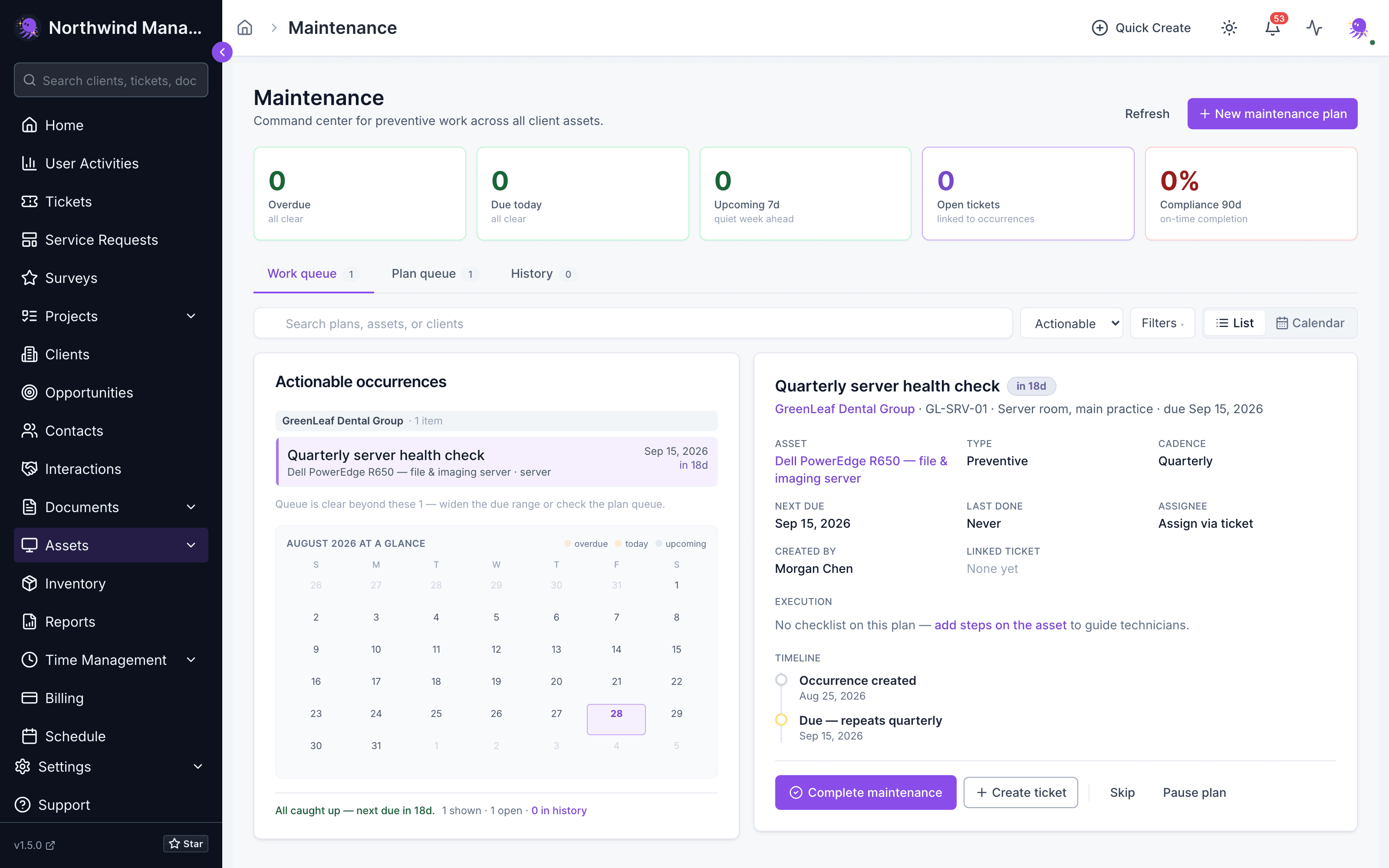 The Maintenance workspace showing the Overdue, Due today, Upcoming 7d, Open tickets, and Compliance 90d cards above a client-grouped work queue and an occurrence detail panel