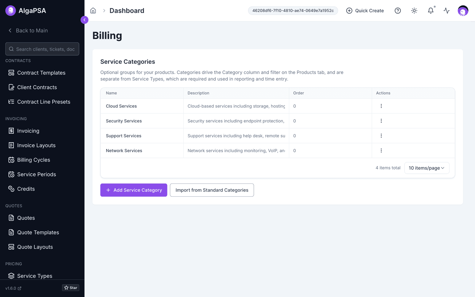 Billing > Service Categories listing Cloud, Security, Support, and Network Services categories with Add Service Category and Import from Standard Categories actions