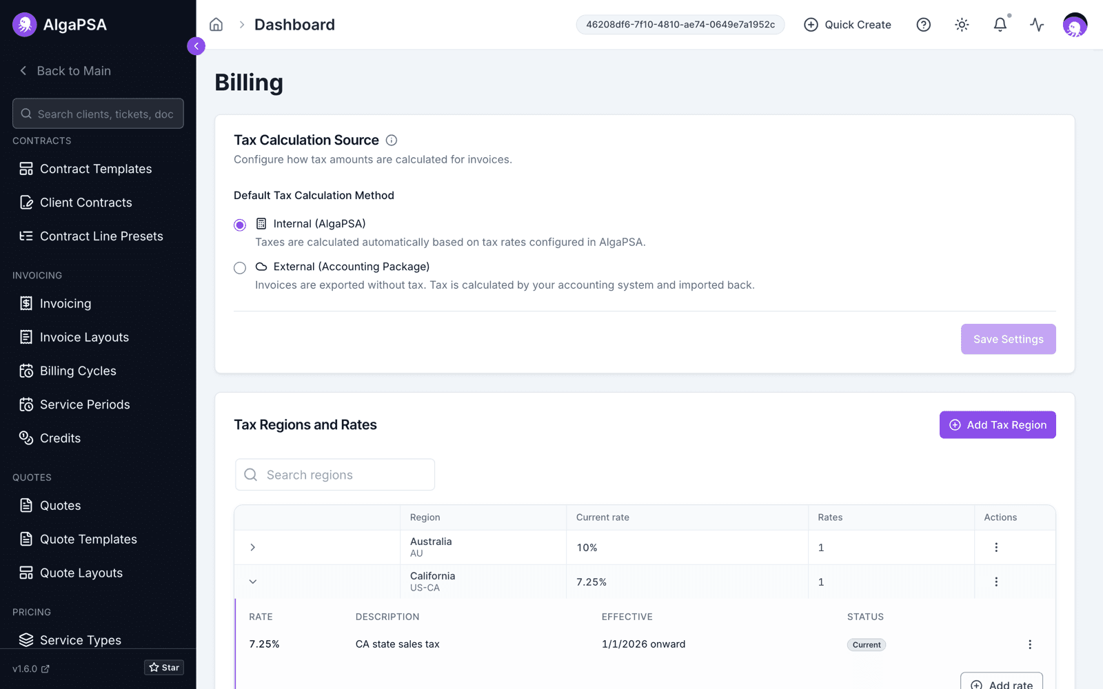 Billing > Tax with the Tax Calculation Source setting above the Tax Regions and Rates table, and the California region expanded to show its 7.25% rate, effective date, and Current status