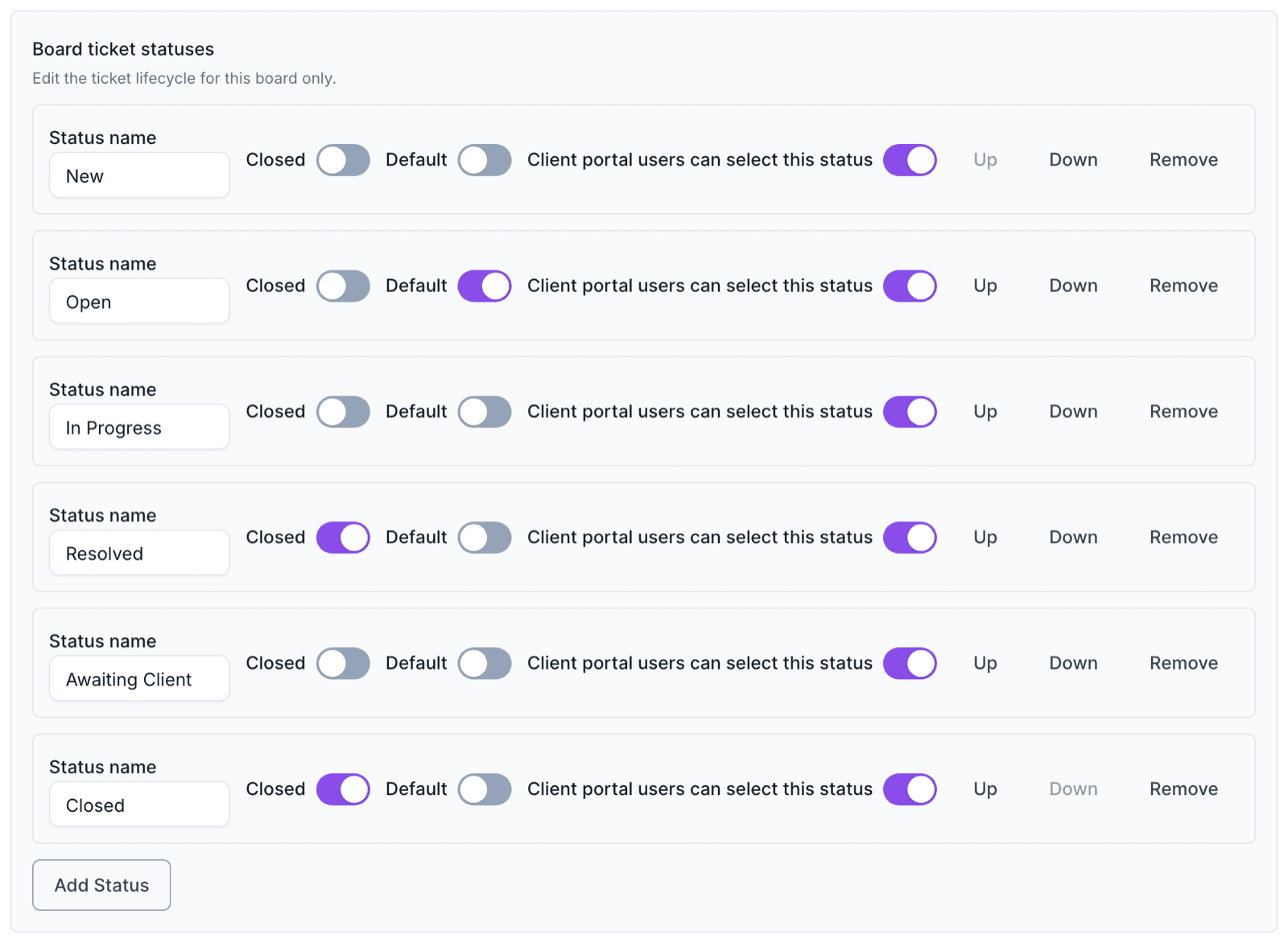 Board ticket statuses list with a Client portal users can select this status switch on each status row