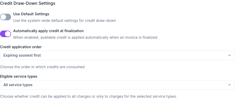 The per-client Credit Draw-Down Settings card with a Use Default Settings toggle, application order, and eligible service types