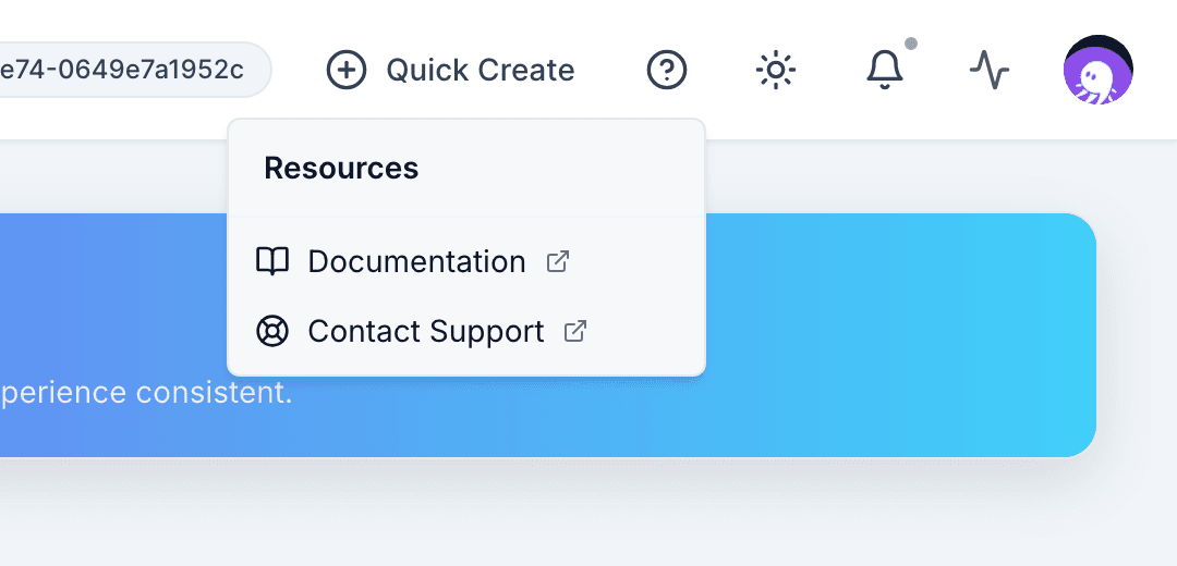 The header help menu open, listing Documentation and Contact Support under Resources