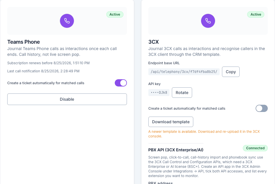 Telephony tab under Communication integrations showing the Teams Phone card and the 3CX card with Endpoint base URL, API key with Rotate, the auto-ticket switch, Download template, and a Connected PBX API section