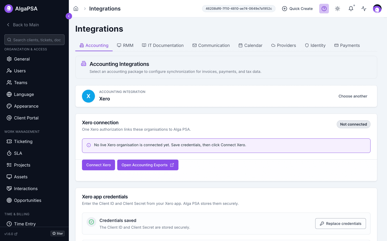 Xero accounting integration panel with the Xero connection card reading Not connected, Connect Xero and Open Accounting Exports buttons, saved app credentials, and the mapping section waiting for a connected organisation