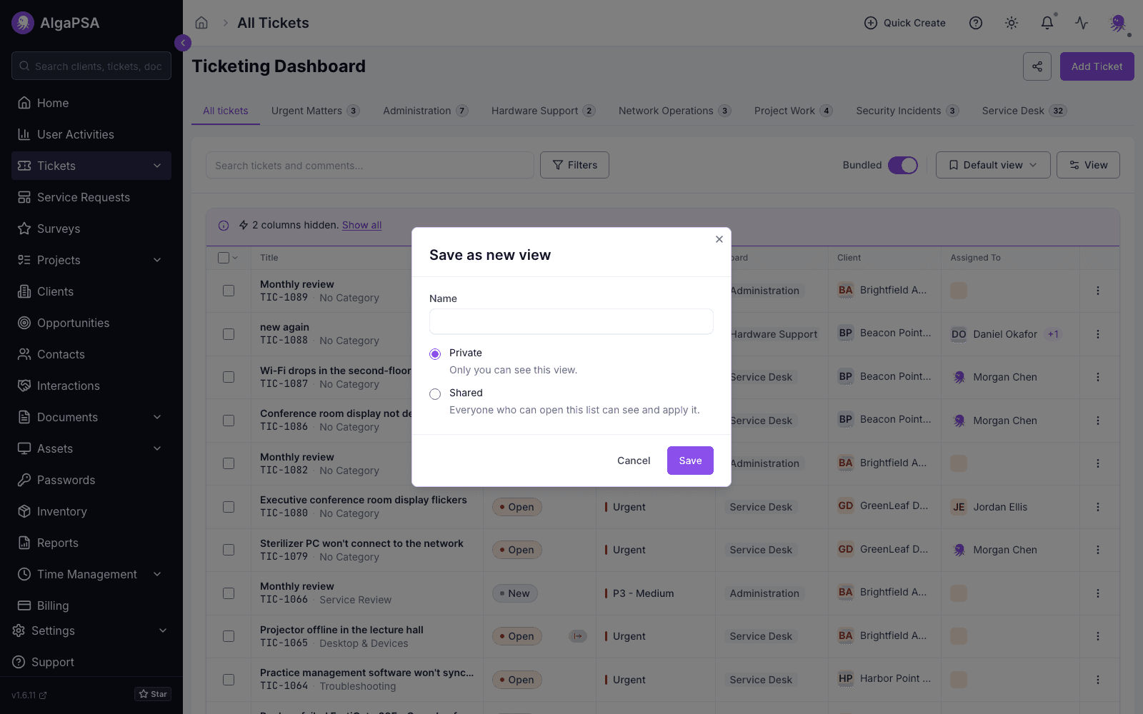 Save as new view dialog with a Name field and Private or Shared visibility options