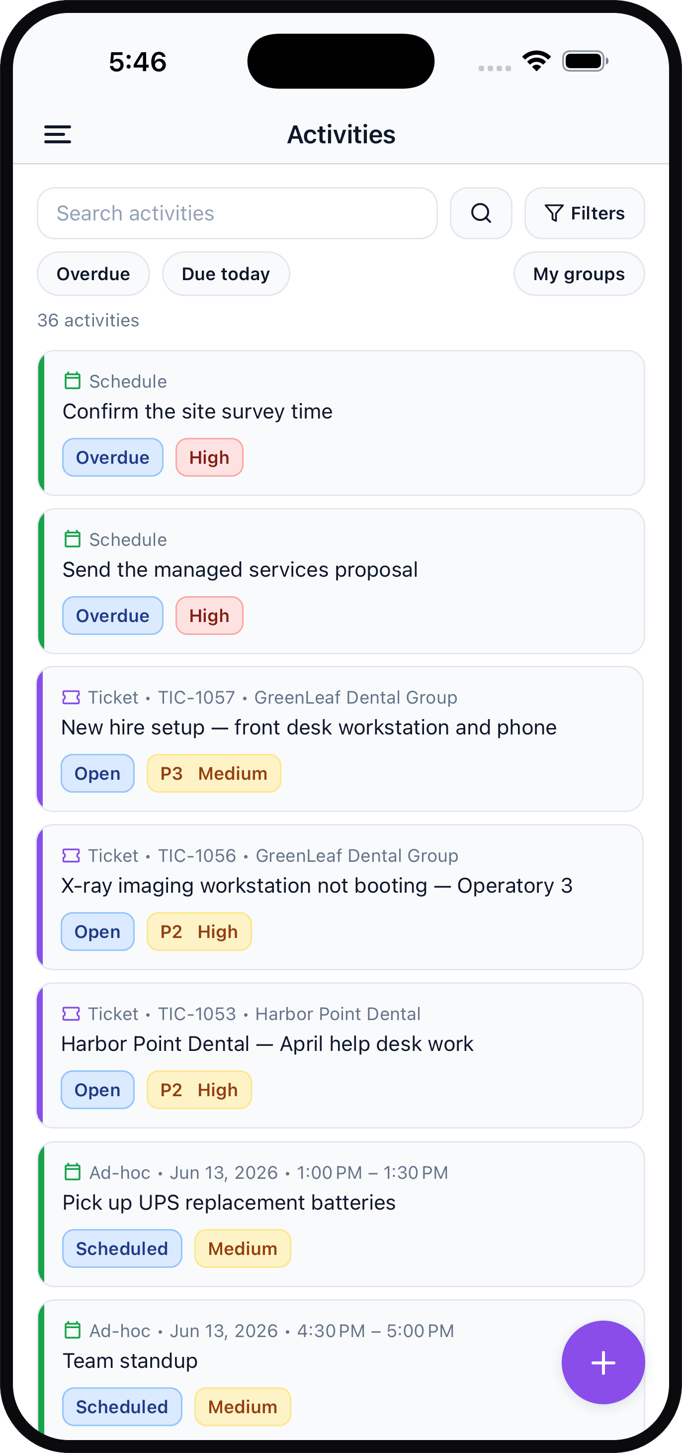 Activities on a phone showing ticket, schedule, and ad-hoc cards with status and priority badges