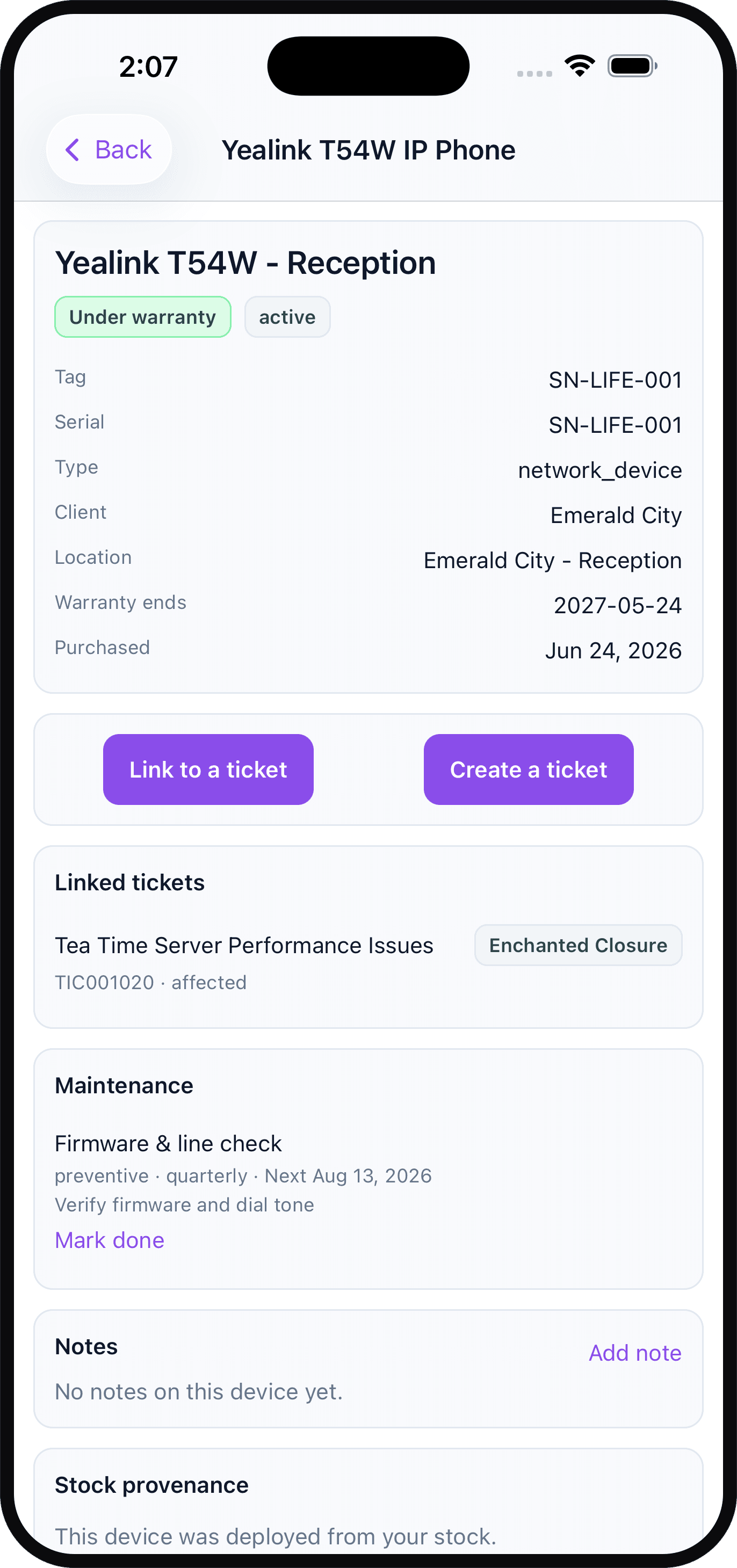 Mobile asset detail with serial identity, warranty, client, ticket actions, maintenance, notes, and stock provenance