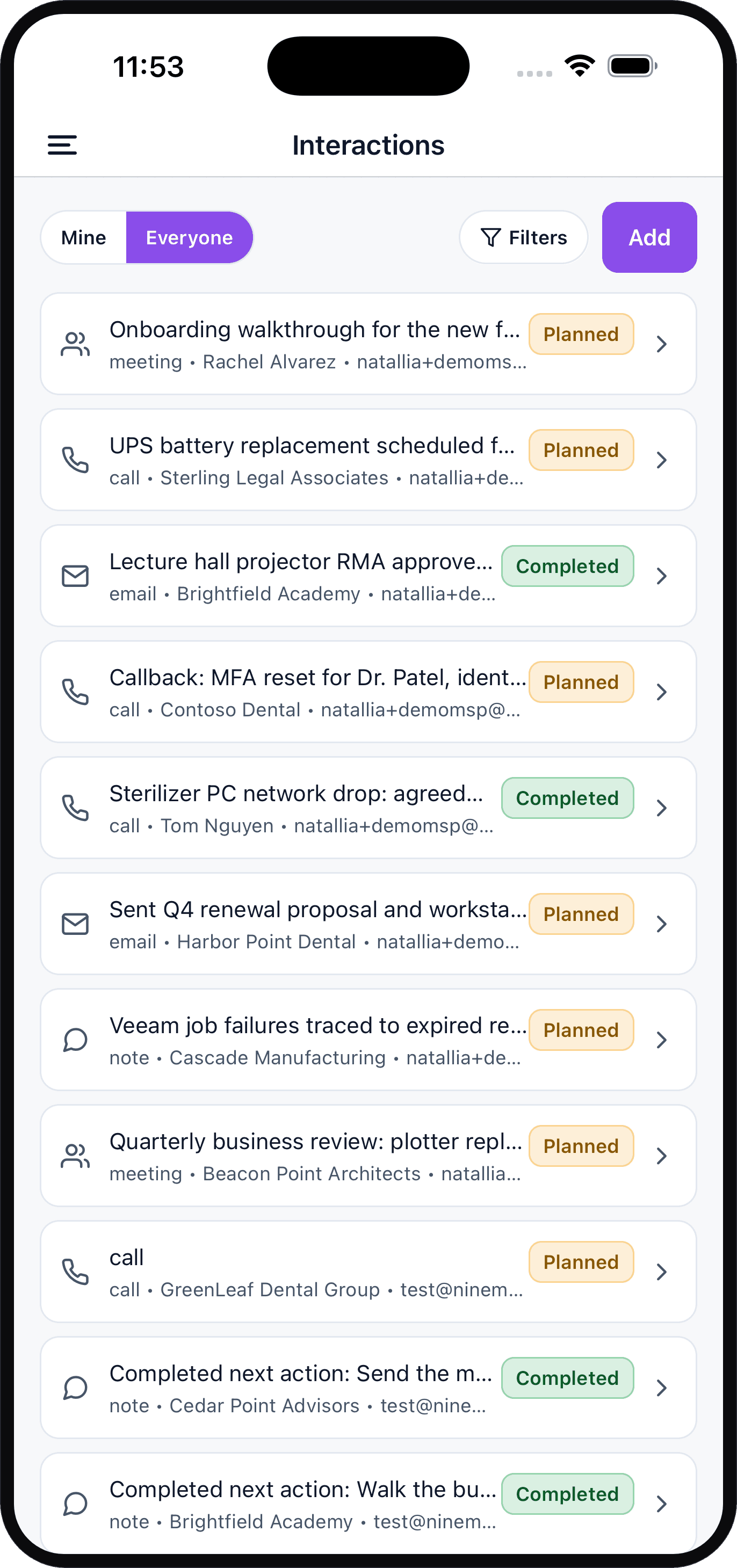 Mobile Interactions list with Mine and Everyone, Filters, Add, and status badges on logged communications