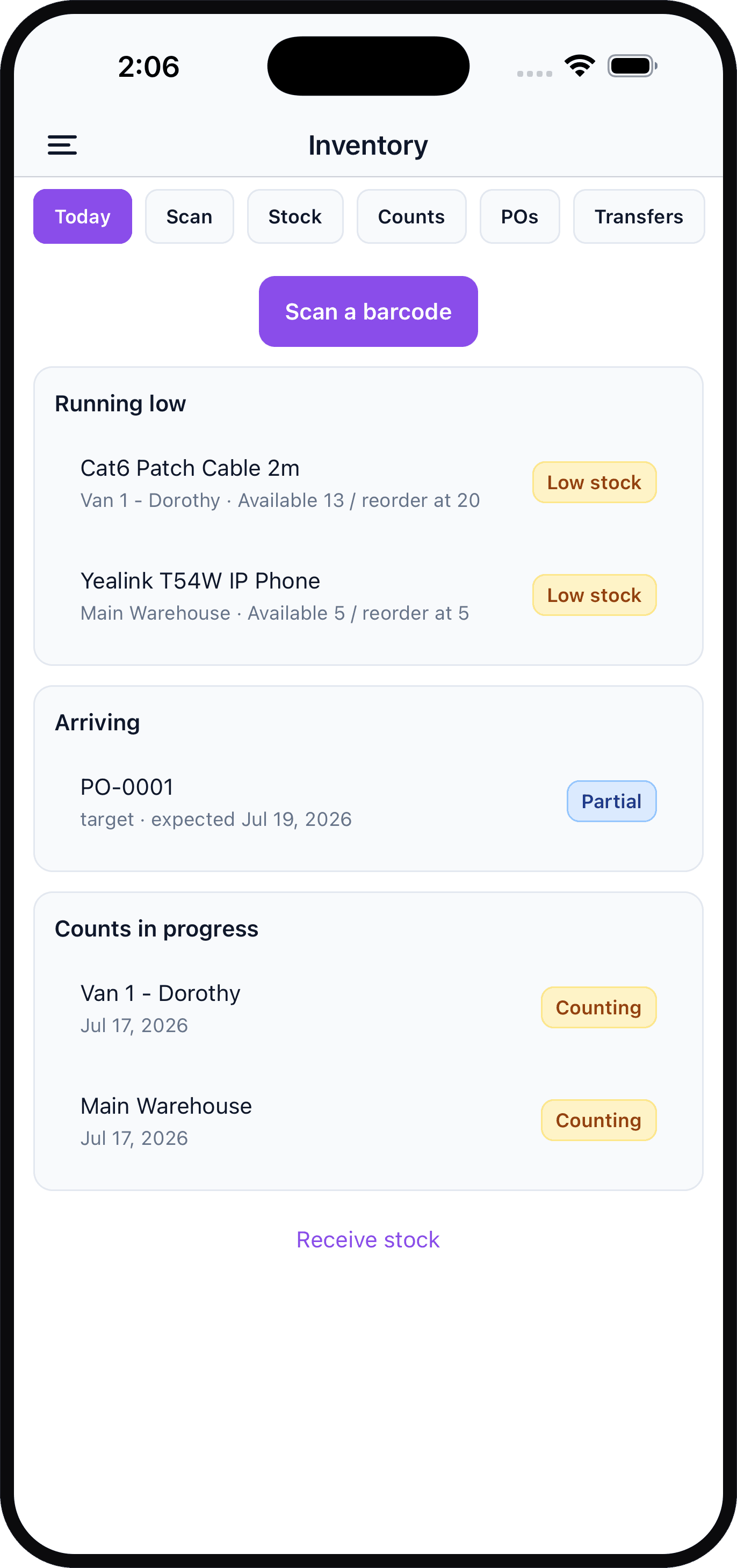 Inventory Today on a phone showing Scan a barcode, low-stock items, arriving purchase orders, and counts in progress