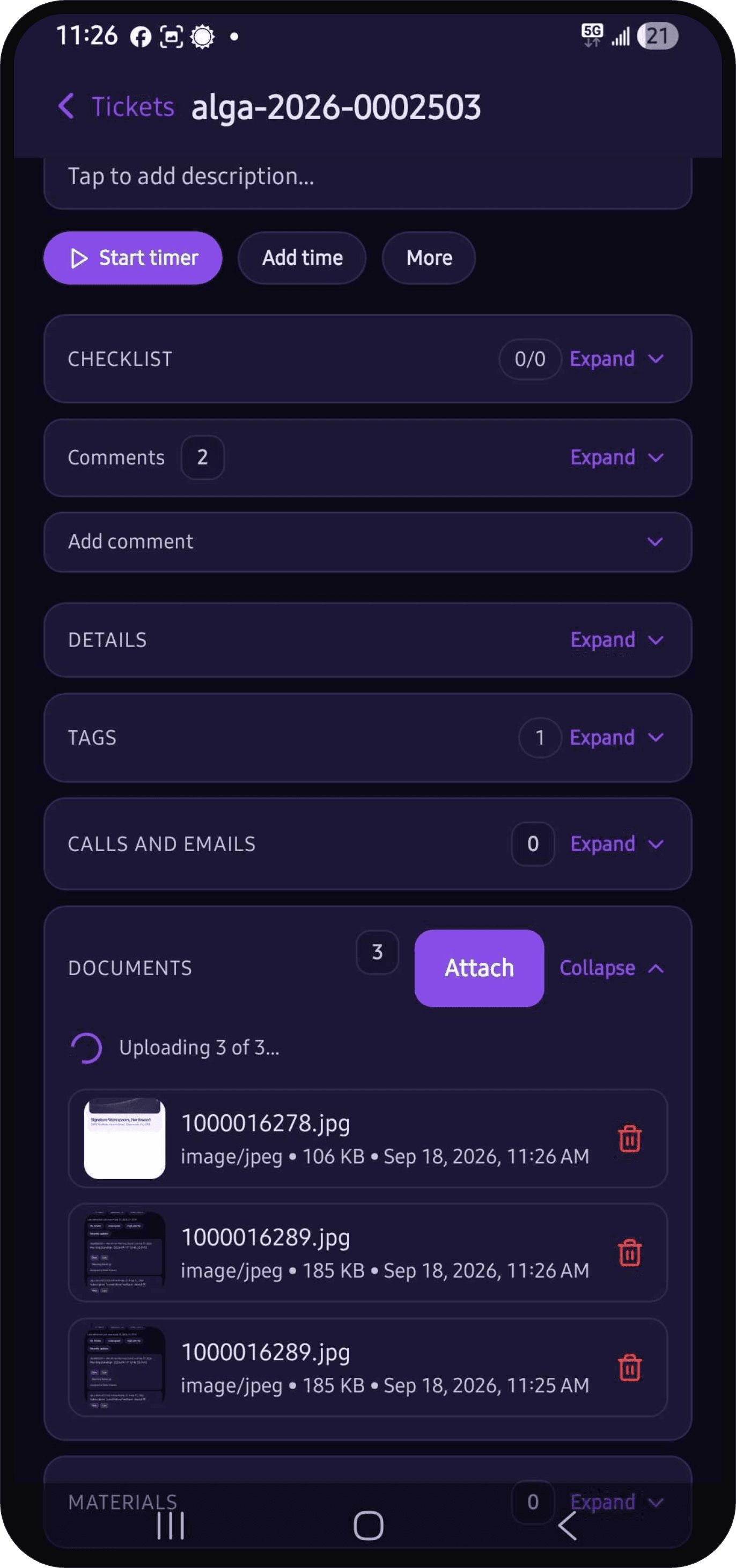 Android ticket Documents section showing an upload batch at three of three and image thumbnails