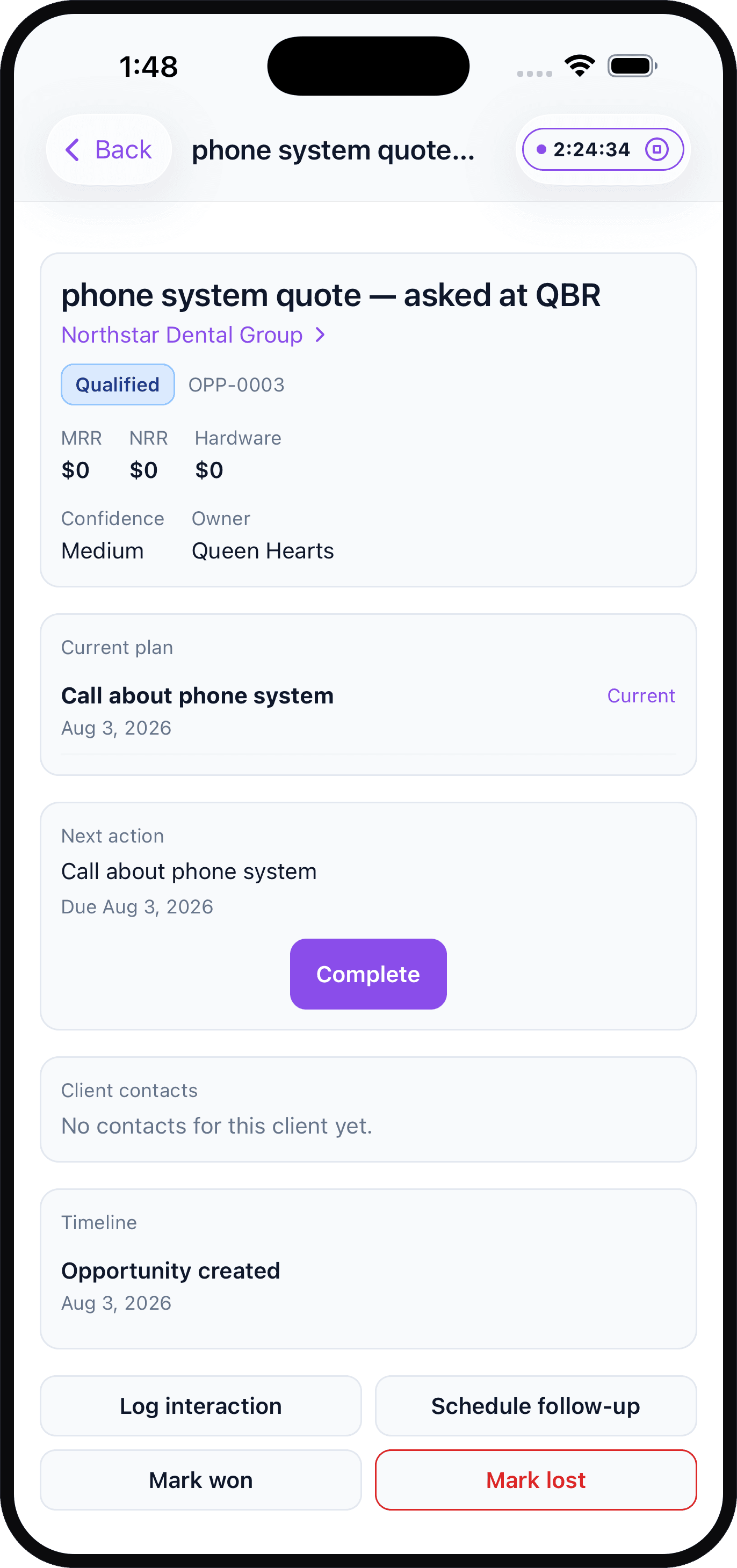 Opportunity detail on a phone showing Current plan, Next action, Complete, and the interaction and closing actions