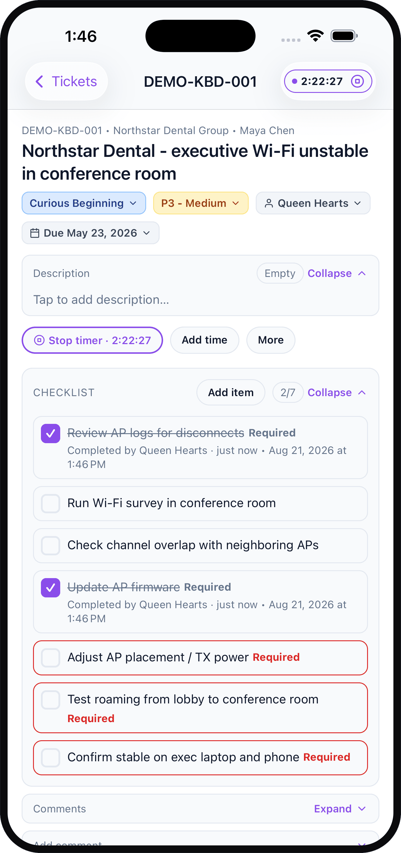 Mobile ticket detail with status, priority, assignee, due date, running timer, and required checklist items