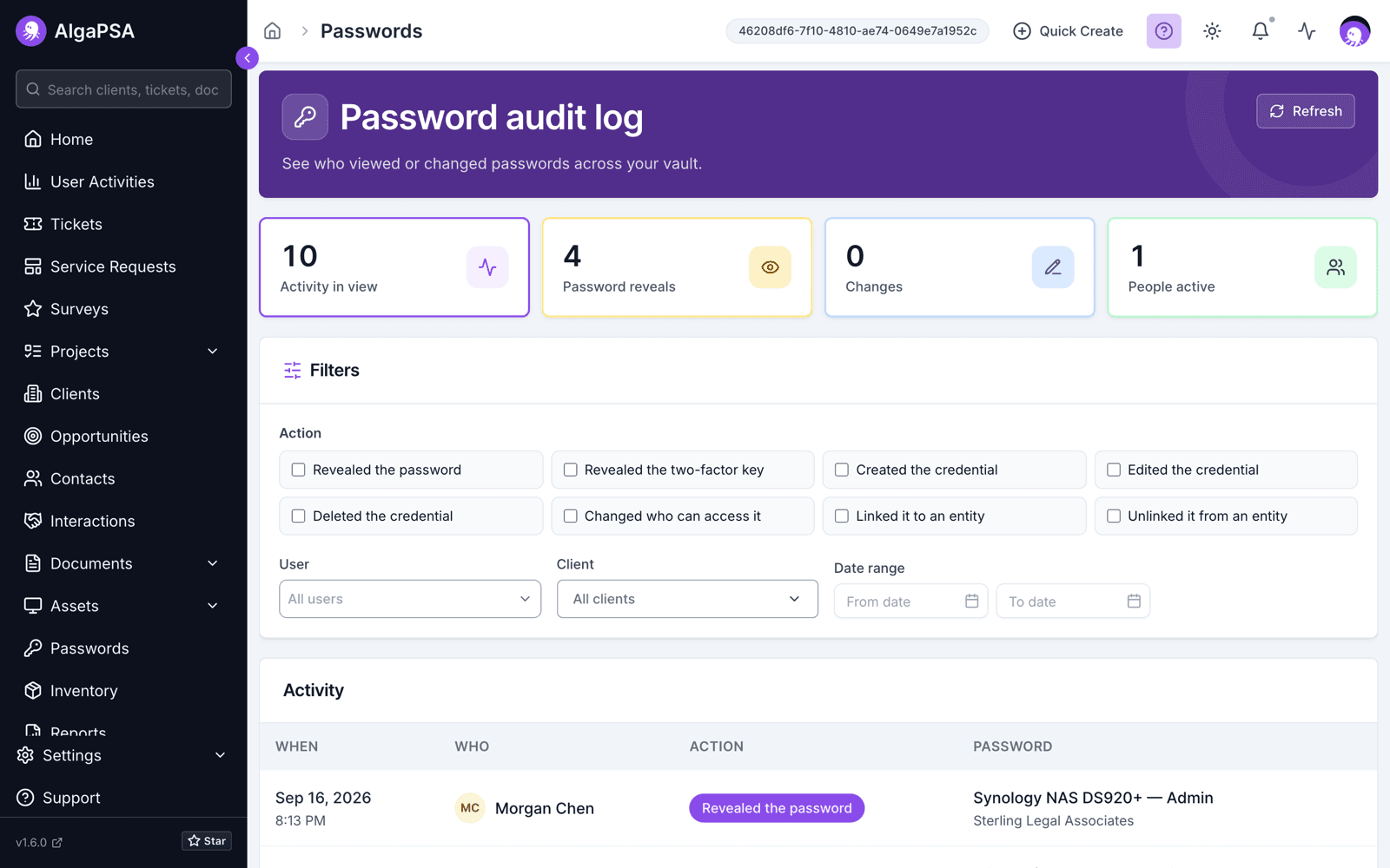 Password audit log with activity counts, filters for action, user, client, and date range, and rows showing who revealed or created which credential and when