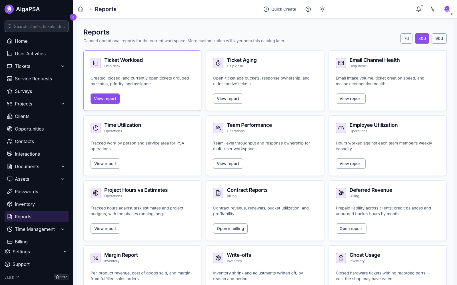 Reports catalog showing twelve report cards grouped as Help desk, Operations, Billing and Inventory, with 7d, 30d and 90d window buttons