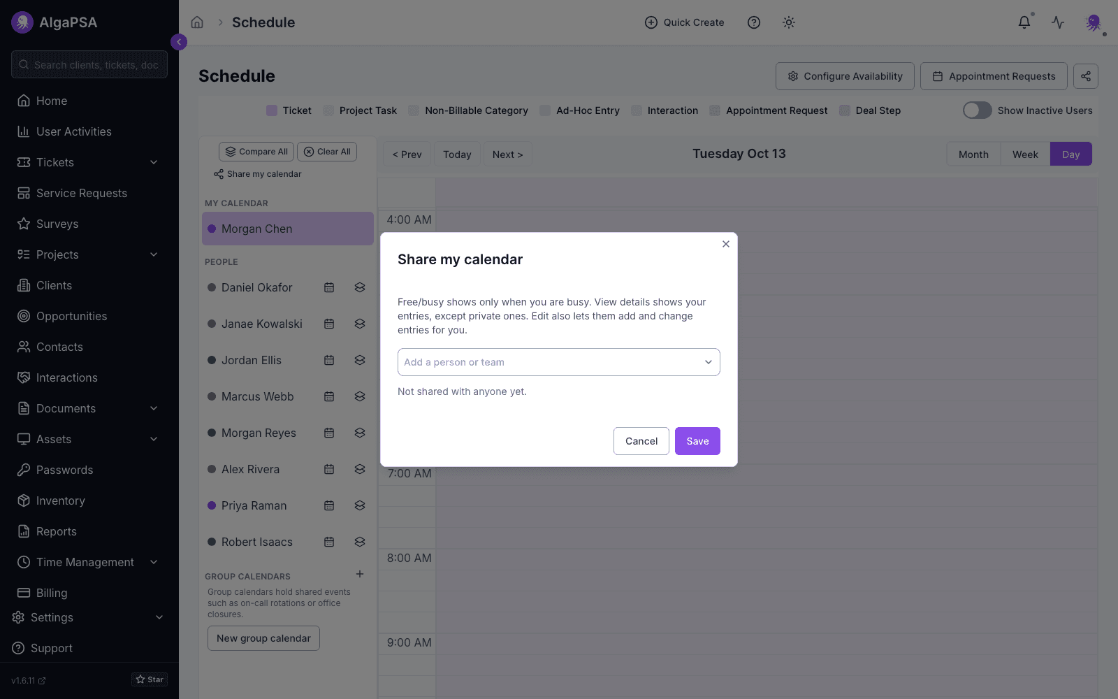 Share my calendar dialog on the Schedule page with the access level explanation and a person or team picker