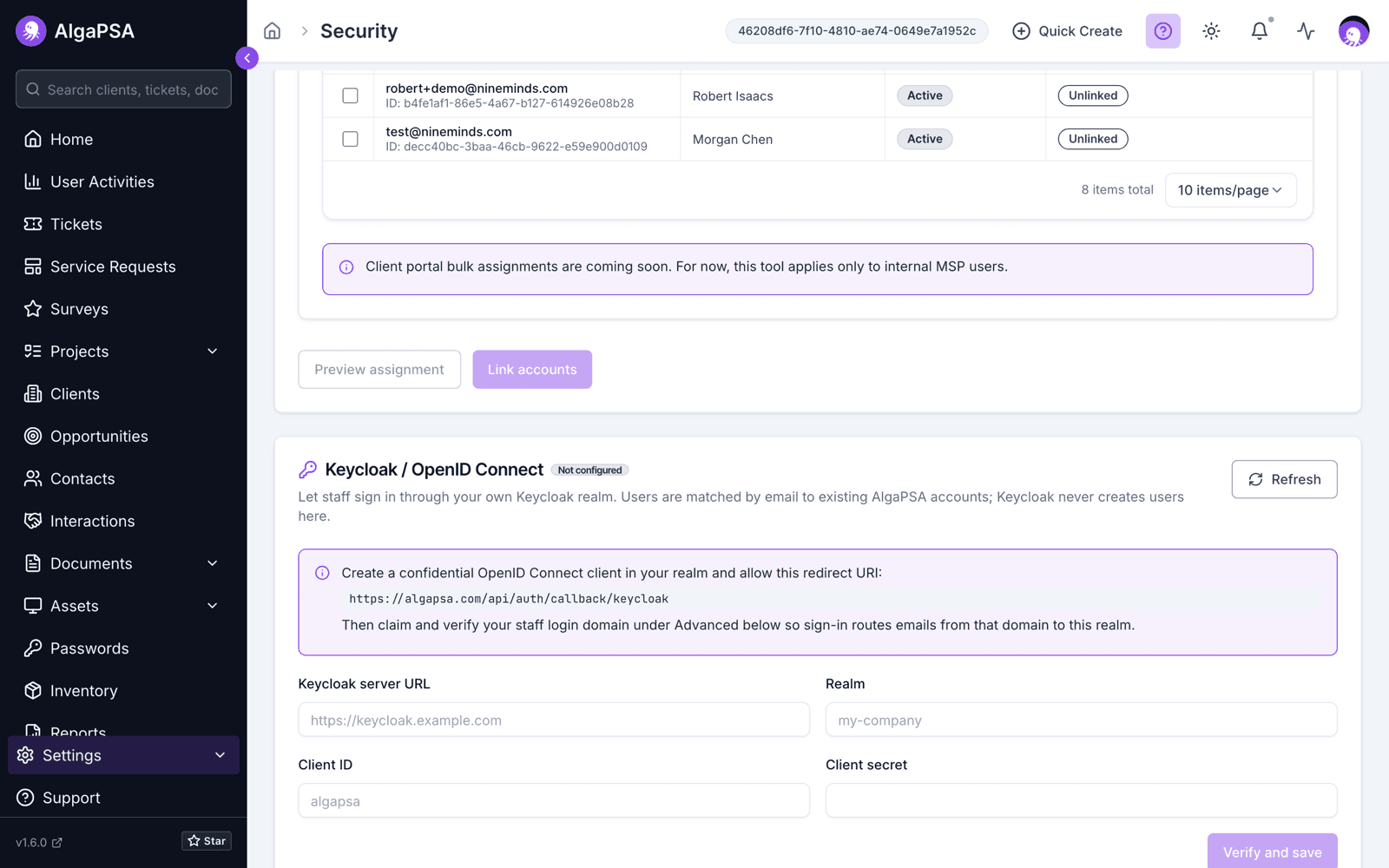 Security Settings > Single Sign-On with the Keycloak / OpenID Connect card showing Keycloak server URL, Realm, Client ID, and Client secret fields and a Verify and save button