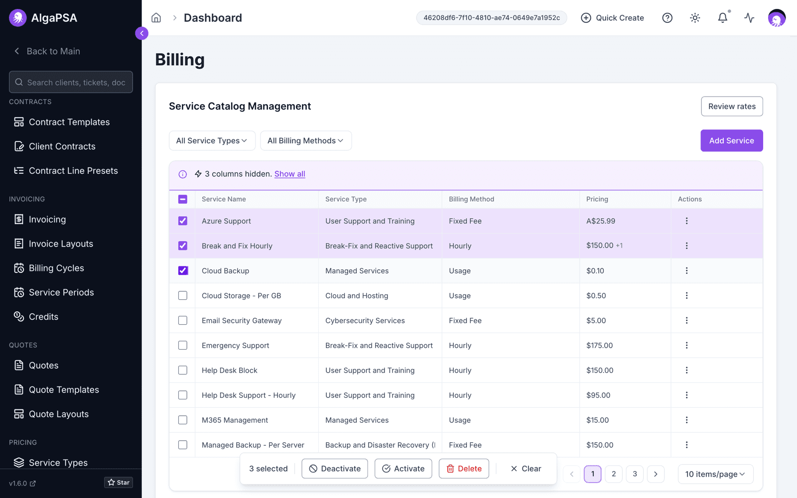 Service catalog with three services selected and the bulk action bar offering Activate, Deactivate, and Delete