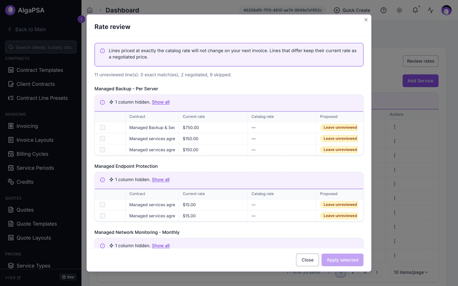 Rate review dialog grouping unreviewed contract lines by service with Current rate, Catalog rate, and Proposed columns