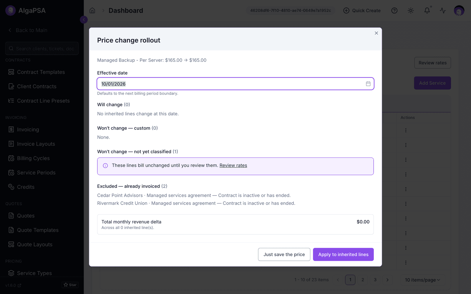 Price change rollout dialog for Managed Backup - Per Server showing the effective date, the Will change, custom, and not-yet-classified groups, and the Apply to inherited lines button