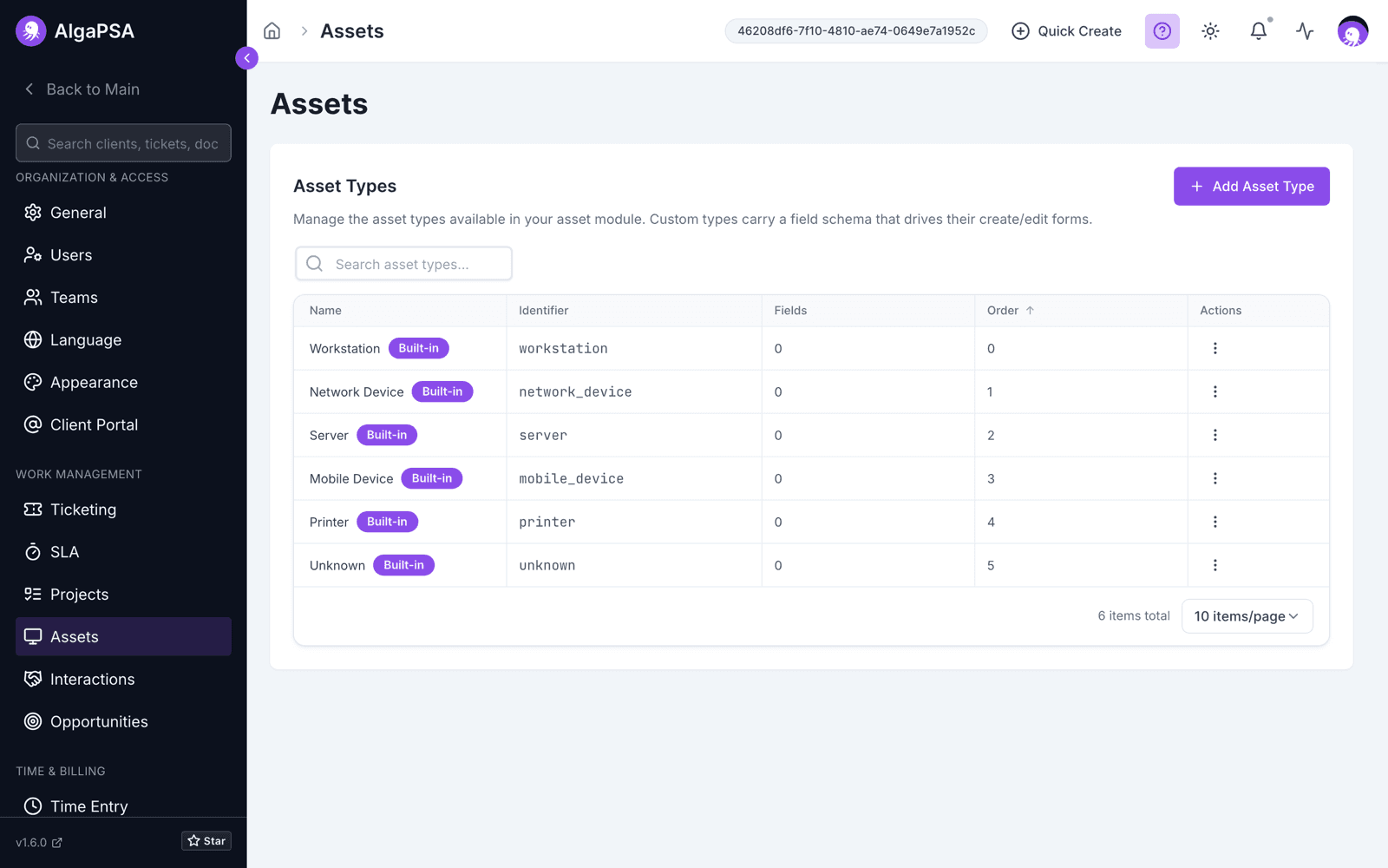 Settings > Assets showing the Asset Types table with Name, Identifier, Fields, and Order columns for the built-in types