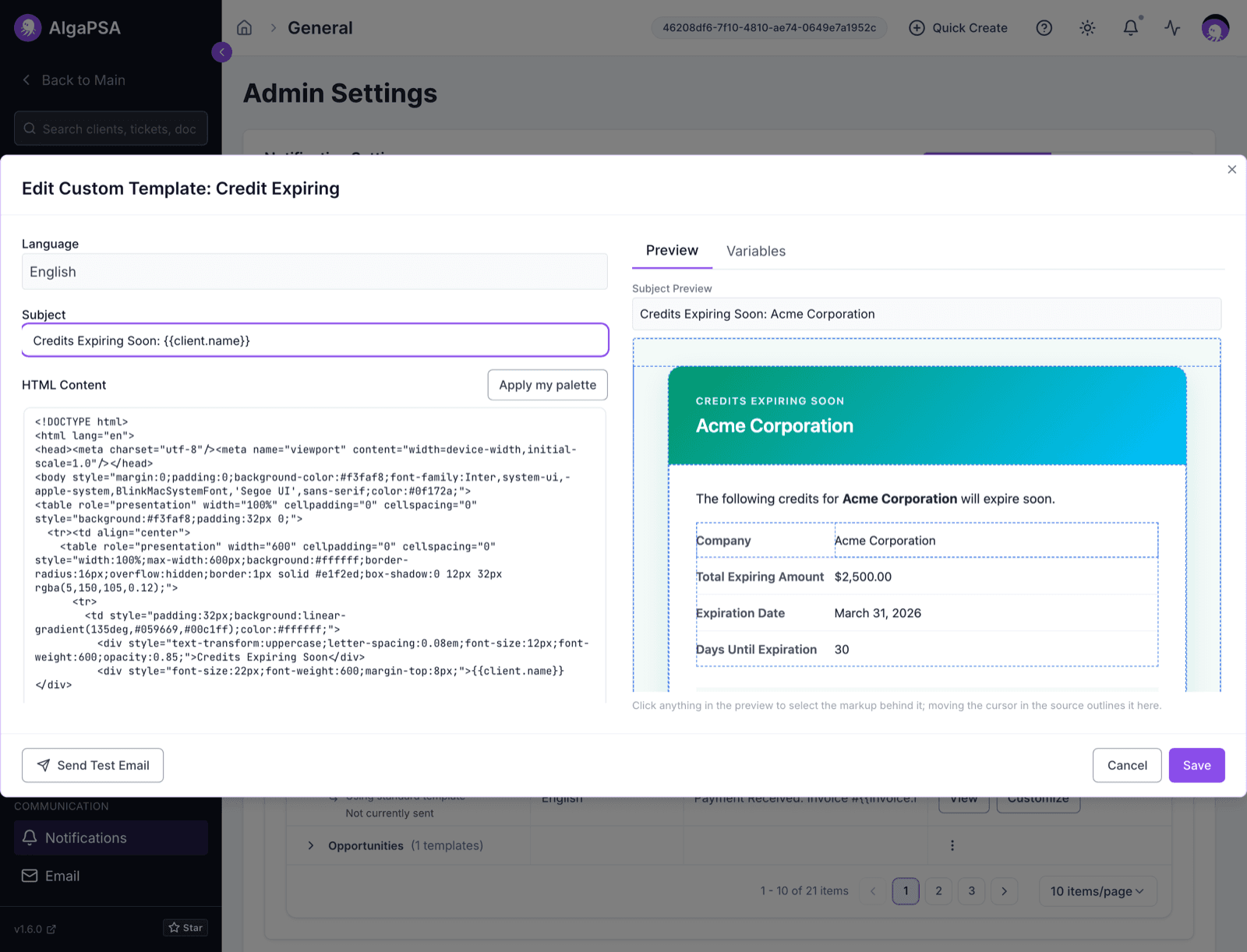 Edit Custom Template dialog for Credit Expiring with Language, Subject, and HTML Content on the left, an Apply my palette button, and the rendered email preview with Preview and Variables tabs on the right