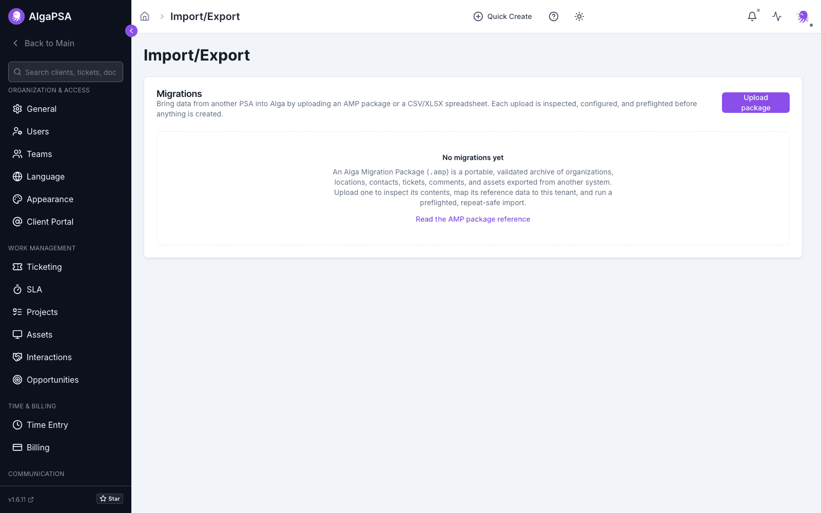 Import/Export settings page with the Migrations panel, an Upload package button and the AMP package reference link