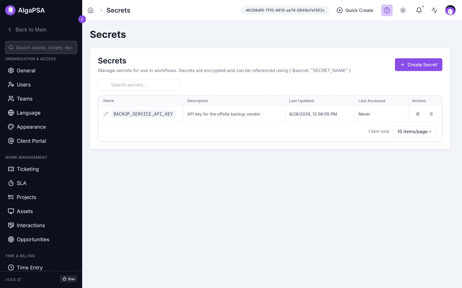 Settings > Secrets listing a tenant secret with its description, last updated, and last accessed columns and a Create Secret button