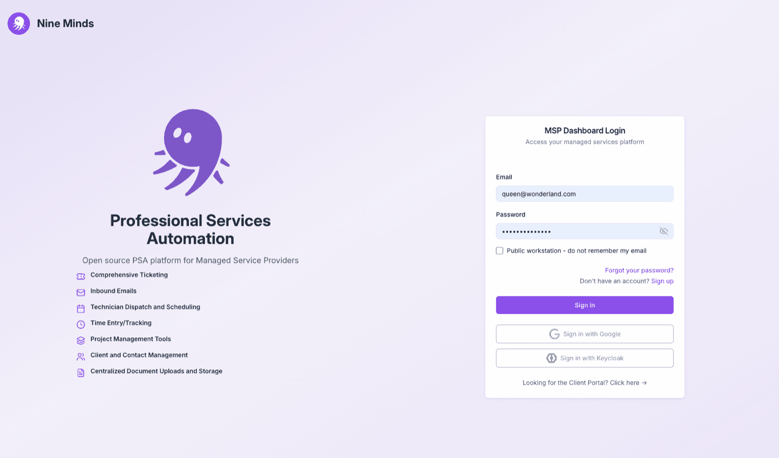AlgaPSA MSP sign-in page with email and password fields plus Sign in with Google and Sign in with Keycloak buttons