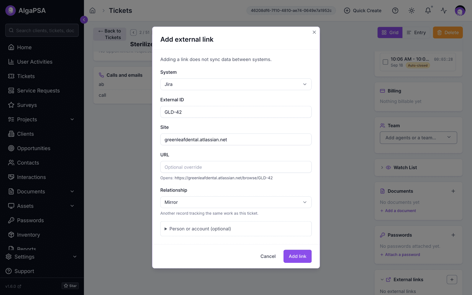 Add external link dialog with Jira selected, external ID GLD-42, site greenleafdental.atlassian.net, an Opens URL preview, and the Mirror relationship