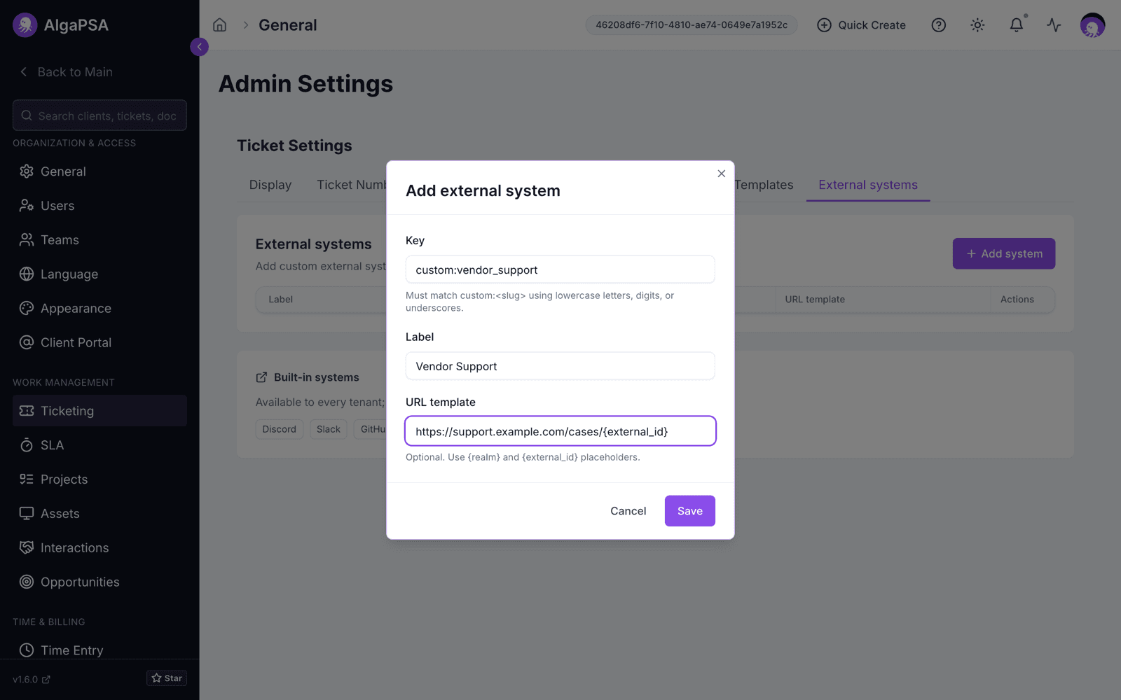 Add external system dialog on the Settings > Ticketing > External systems tab, filled in with the key custom:vendor_support, the label Vendor Support, and a URL template using the external_id placeholder