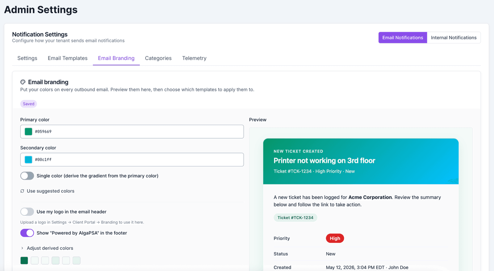 The Email Branding tab: primary and secondary color fields on the left, and on the right a New Ticket Created email repainted in the MSP's green and blue before anything is applied.