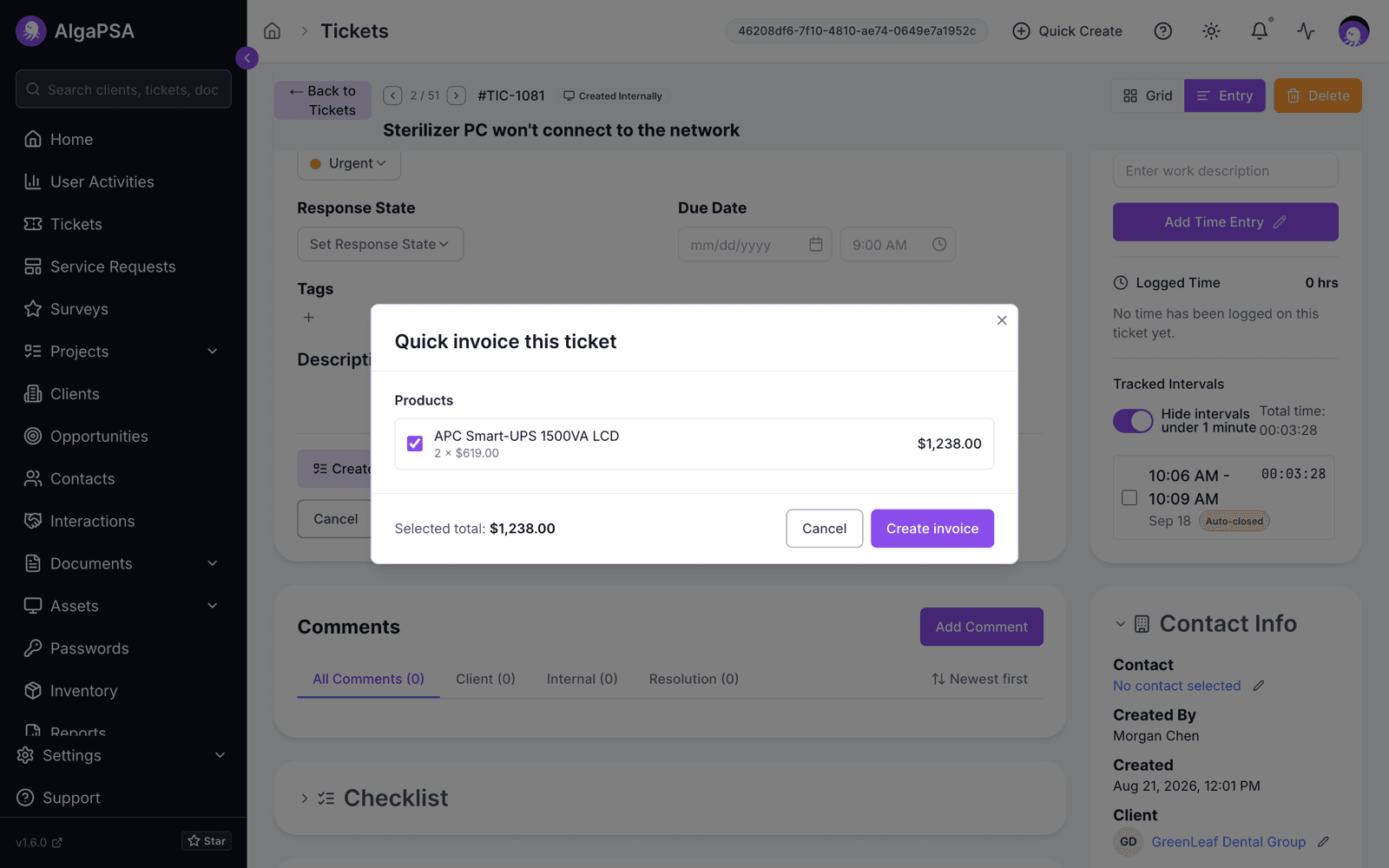 The Quick invoice this ticket dialog on a GreenLeaf Dental Group ticket, with two APC UPS units preselected and a $1,238.00 selected total above the Create invoice button.