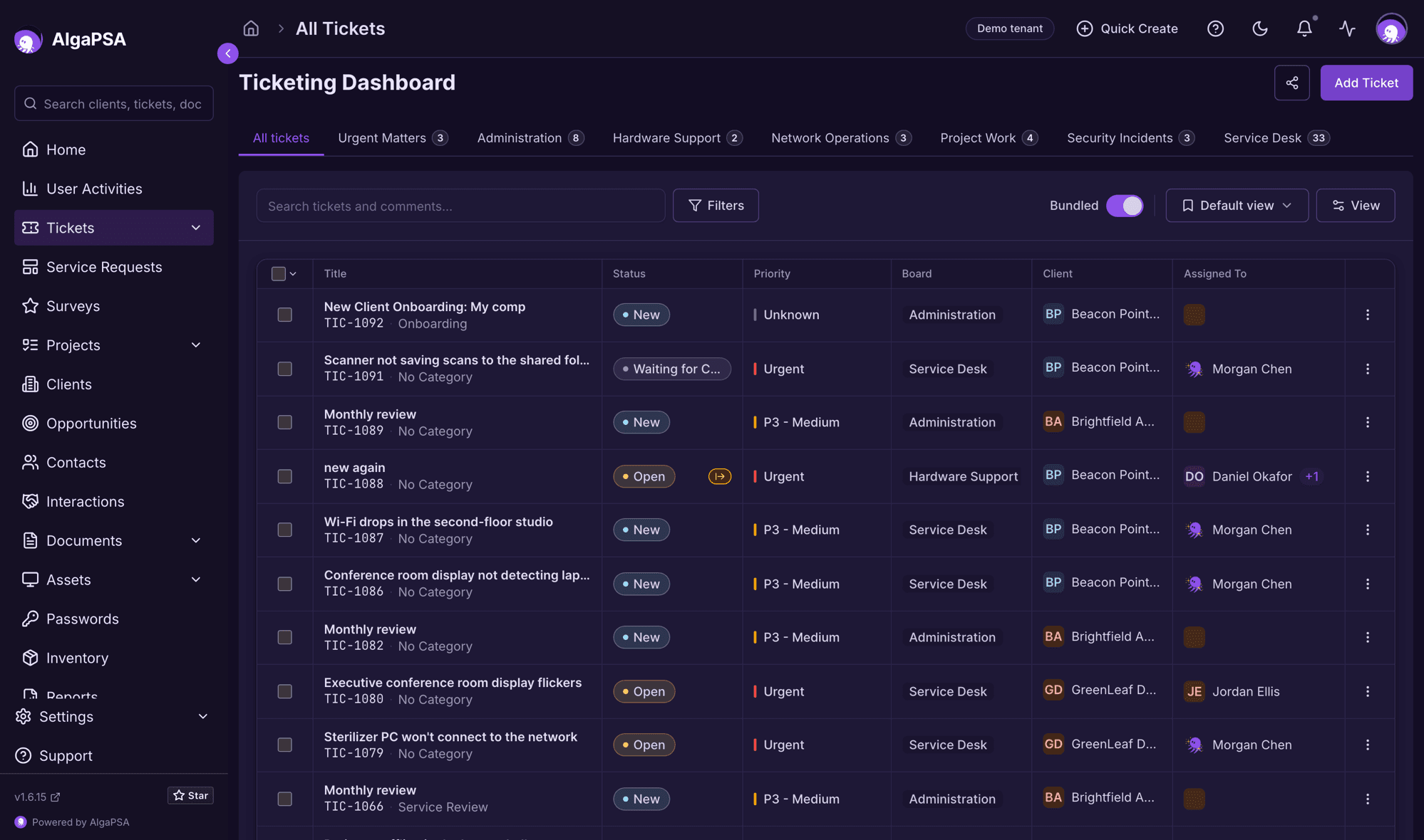 AlgaPSA ticketing dashboard — the live ticket queue showing client, priority, and SLA status across every client