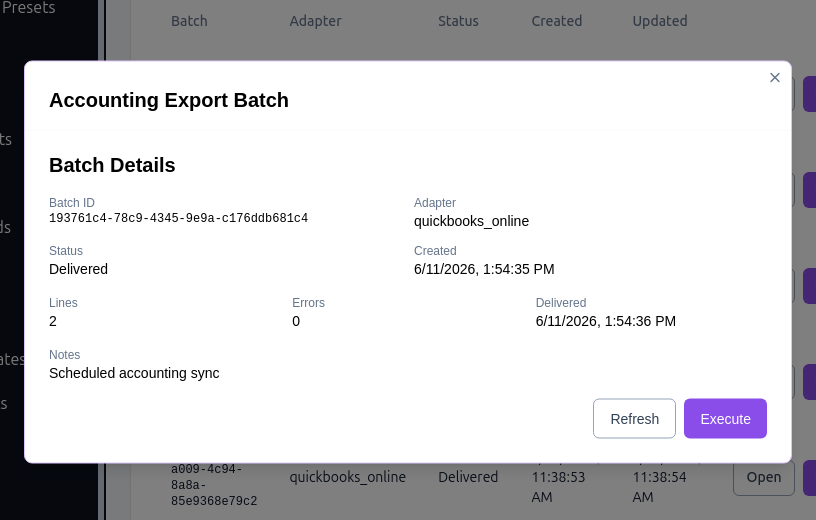 The Accounting Export Batch detail dialog showing batch ID, adapter, status, lines, errors, and delivered timestamp