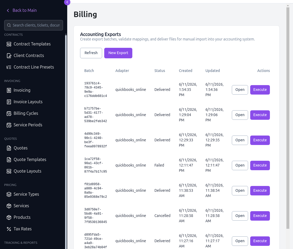 The Accounting Exports list showing export batches with their adapter, status, and actions