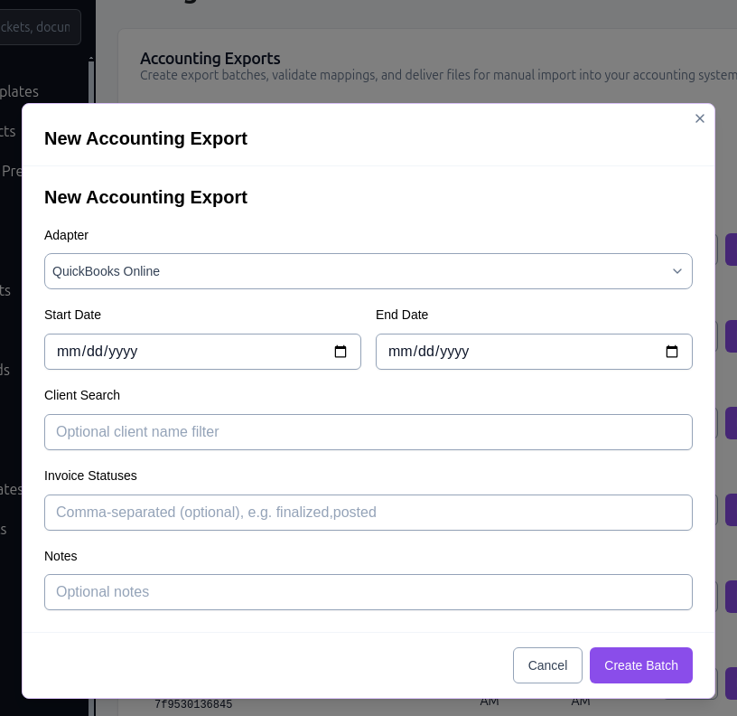 The New Accounting Export dialog with the QuickBooks Online adapter selected