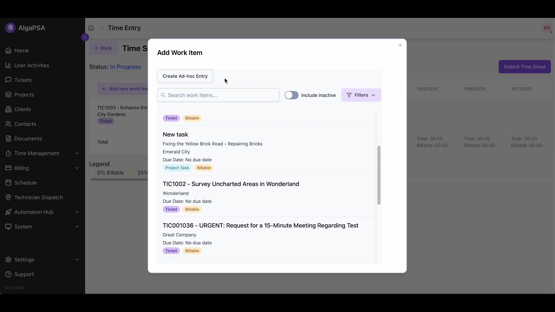 Creating an ad-hoc work entry to a time sheet