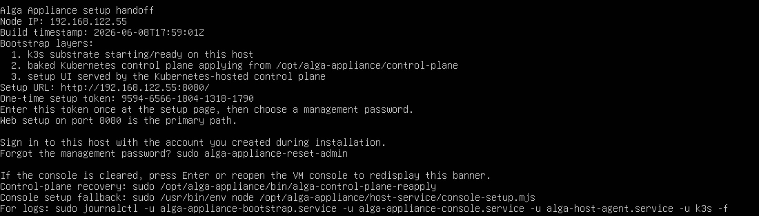 AlgaPSA appliance console setup handoff banner showing the setup URL and one-time setup token