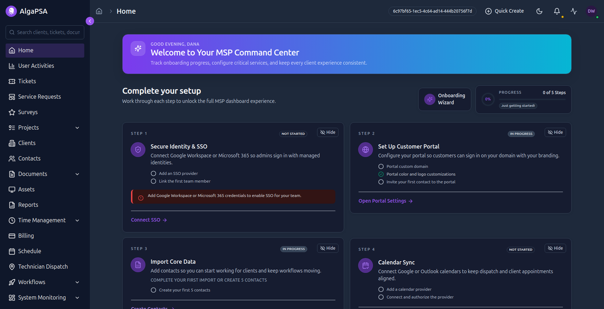 AlgaPSA dashboard home after completing onboarding