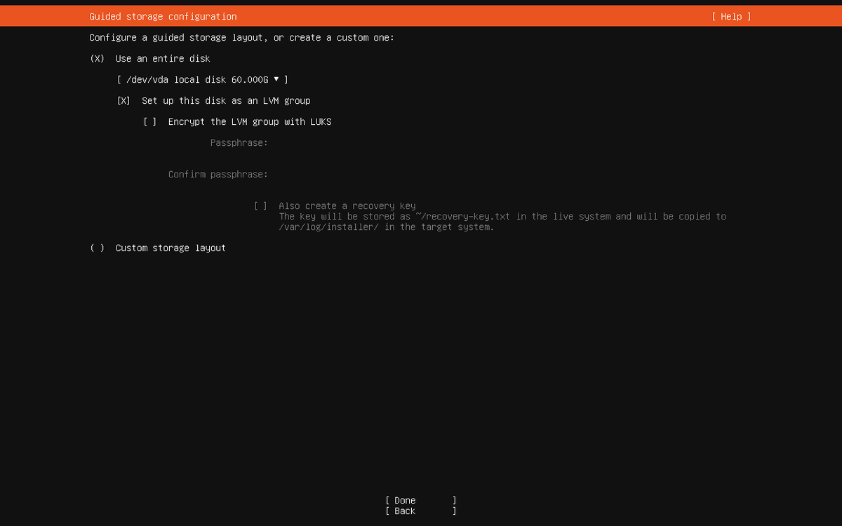 AlgaPSA appliance installer guided storage configuration using an entire disk with LVM