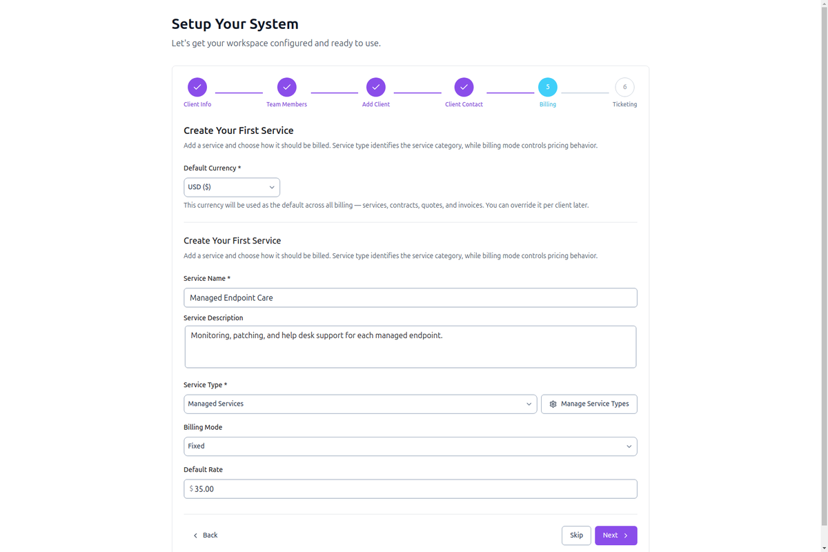 AlgaPSA onboarding step 5, Billing, creating a Managed Endpoint Care service