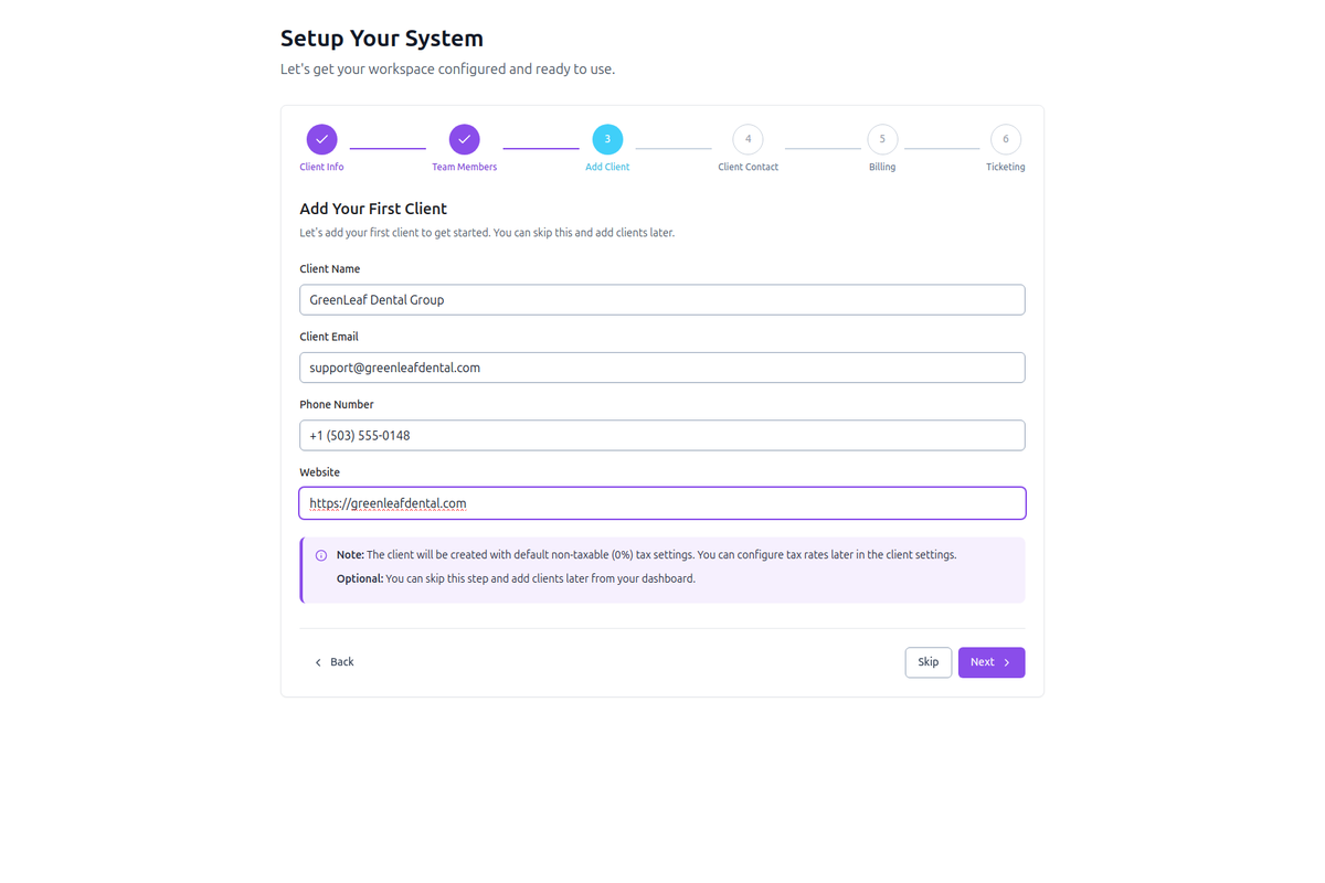 AlgaPSA onboarding step 3, Add Client, with GreenLeaf Dental Group details