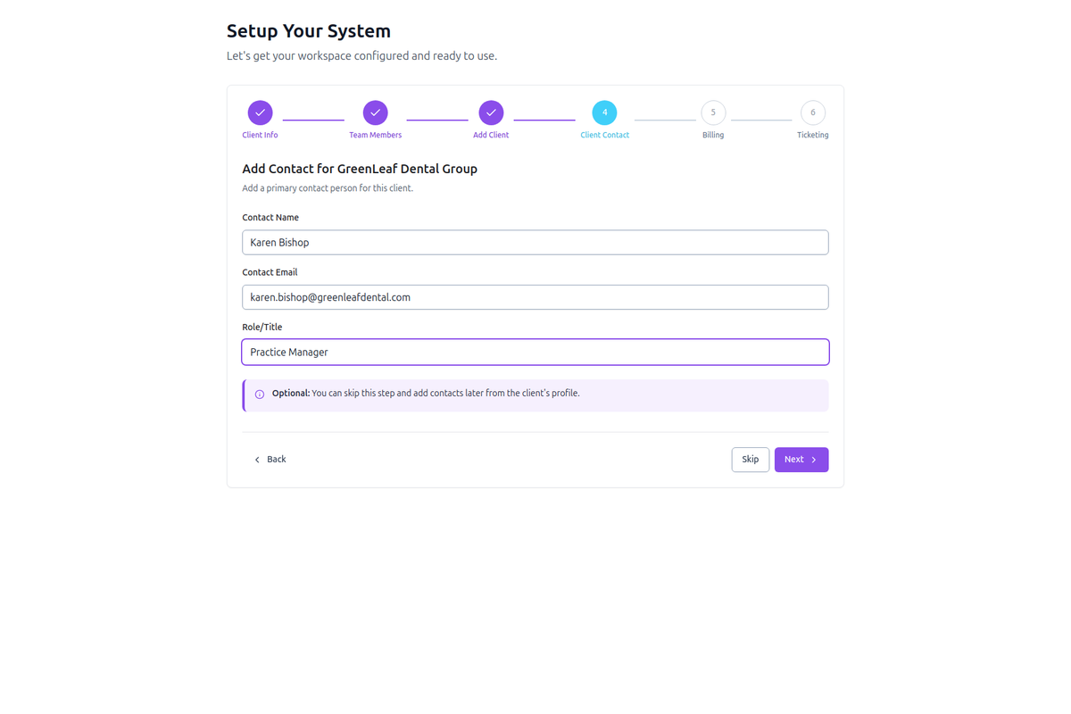 AlgaPSA onboarding step 4, Client Contact, with a practice manager contact