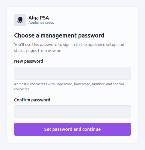 AlgaPSA appliance setup console choosing a management password