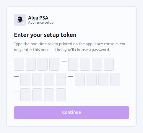 AlgaPSA appliance setup console asking for the one-time setup token