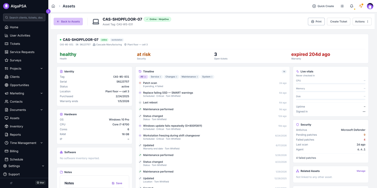 The asset detail page for a Cascade Manufacturing workstation, with a hero band showing health, security, open tickets, and warranty, an identity and hardware column, a merged timeline, and live vitals and security panels.