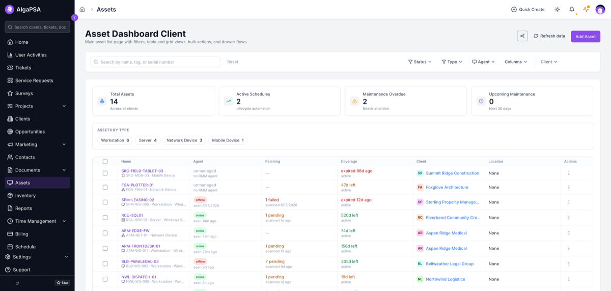 The asset list showing Agent, Patching, Coverage, and Client columns, where each cell stacks two related facts.