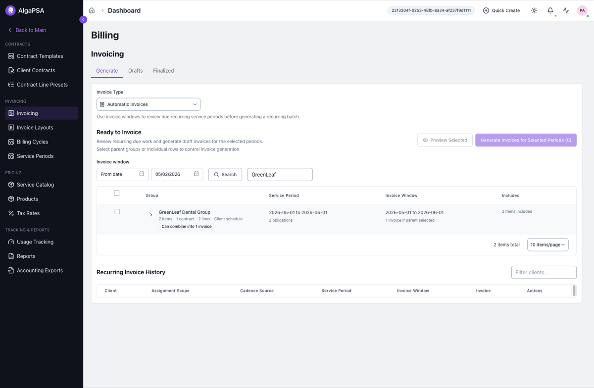 Automatic invoices page showing GreenLeaf Dental Group ready to invoice