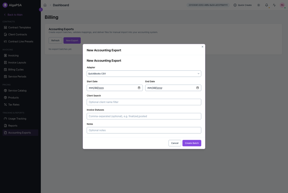 New accounting export dialog with adapter, date, client, status, and notes fields